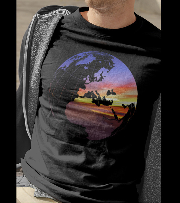 Beach Sunset Tropical Paradise View In A Globe Over World Map T-Shirt