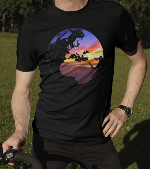 Beach Sunset Tropical Paradise View In A Globe Over World Map T-Shirt