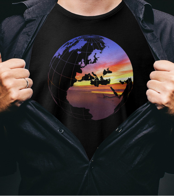 Beach Sunset Tropical Paradise View In A Globe Over World Map T-Shirt