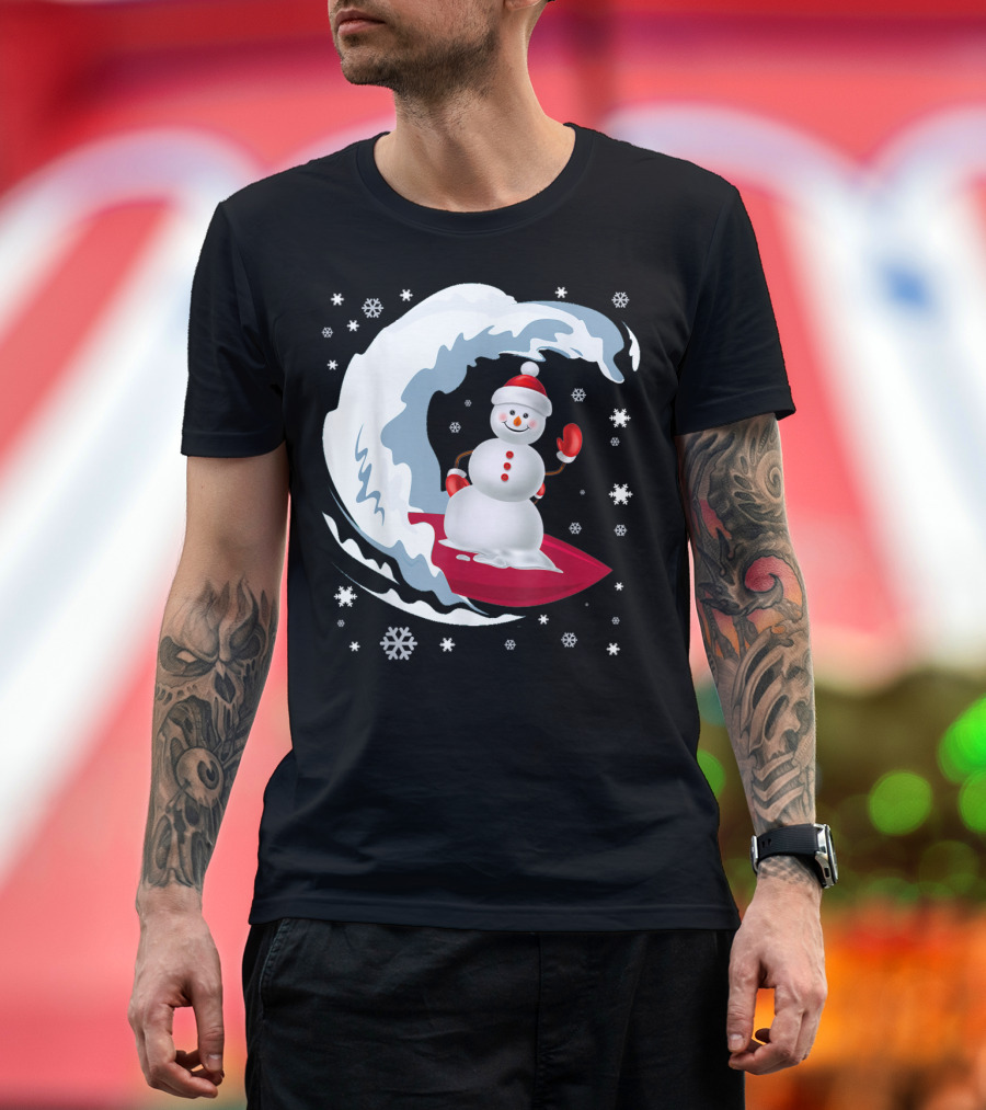 Happy Surfer Snowman Riding Festive Winter Waves Snowflakes T-Shirt