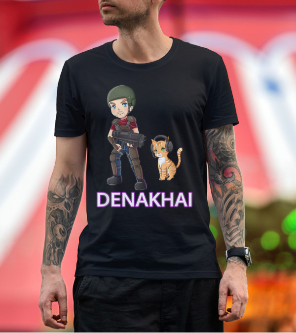 Premium T-Shirt: DENAKHAI Soldier in Armor with Gaming Cat Companion T-Shirt DENAKHAI Soldier in Armor with Gaming Cat Companion T-Shirt