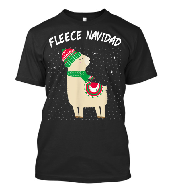 Fleece Navidad Feliz Navidad Llama In Christmas Hat And Scarf With Snowflakes T-Shirt