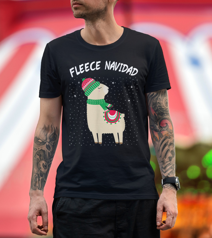 Fleece Navidad Feliz Navidad Llama in Christmas Hat and Scarf with Snowflakes T-Shirt