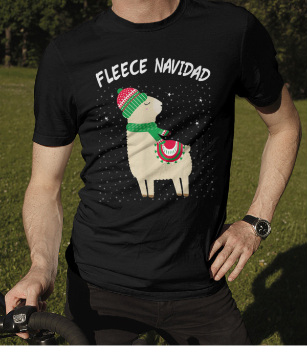 Fleece Navidad Feliz Navidad Llama In Christmas Hat And Scarf With Snowflakes T-Shirt