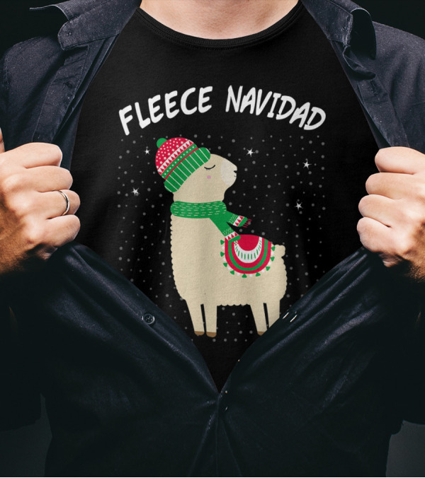 Fleece Navidad Feliz Navidad Llama In Christmas Hat And Scarf With Snowflakes T-Shirt
