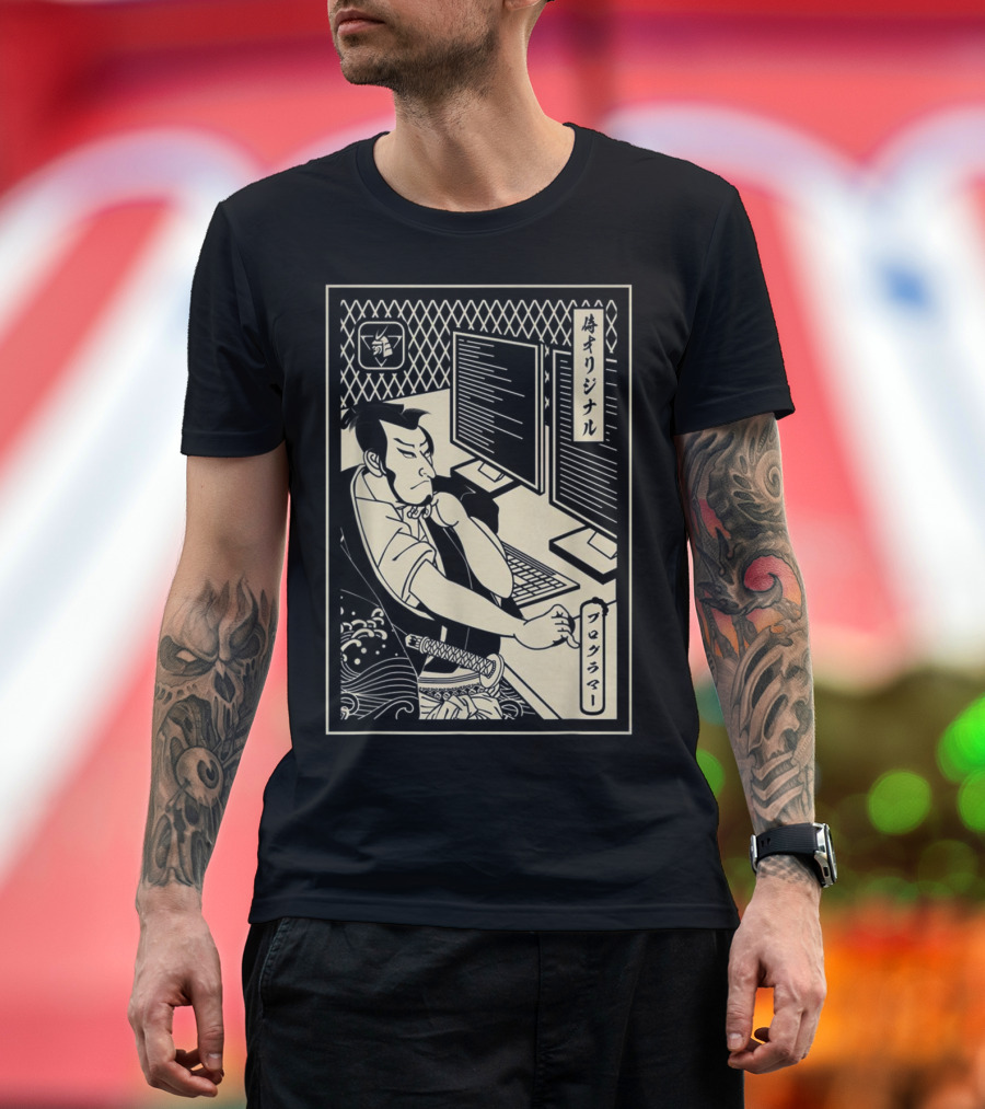 Funny Samurai Warrior Programmer at Computer Terminal T-Shirt