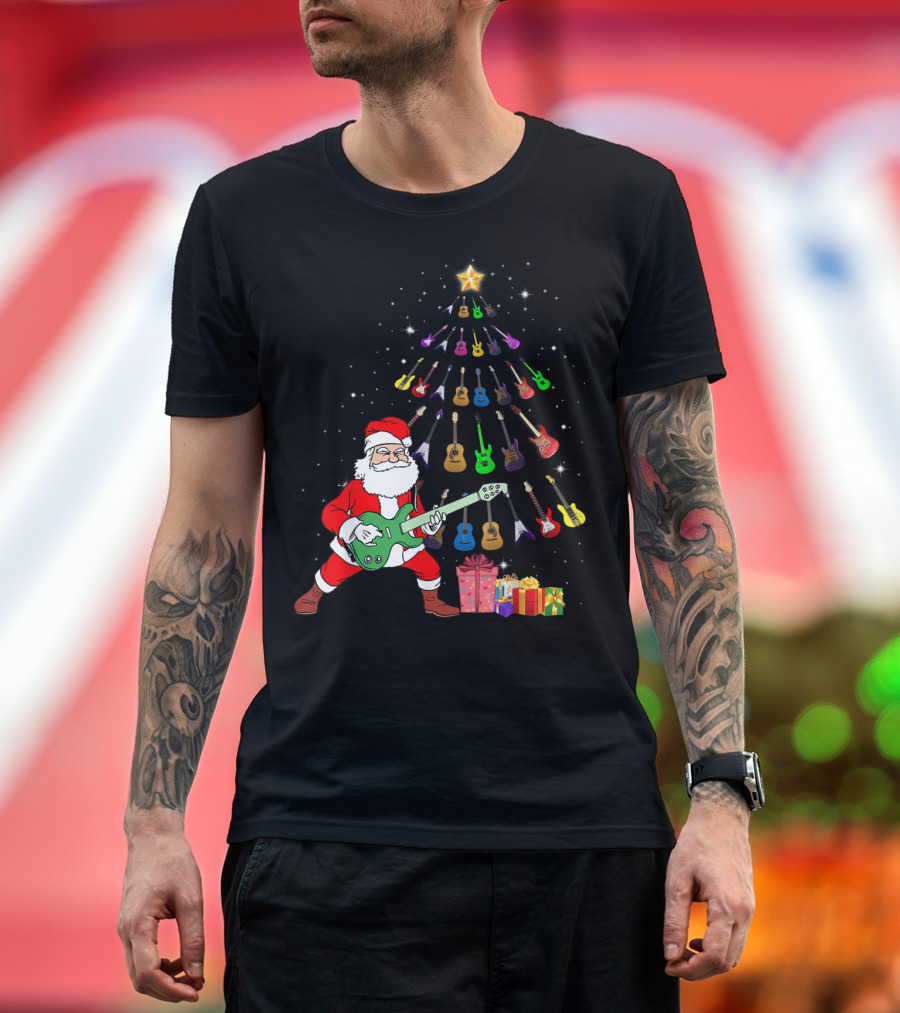 Santa Rocking with Guitar Christmas Tree and Presents T-Shirt
