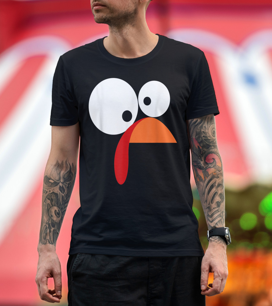 Funny Thanksgiving Turkey Face With Large Googly Eyes and Orange Bow Tie T-Shirt