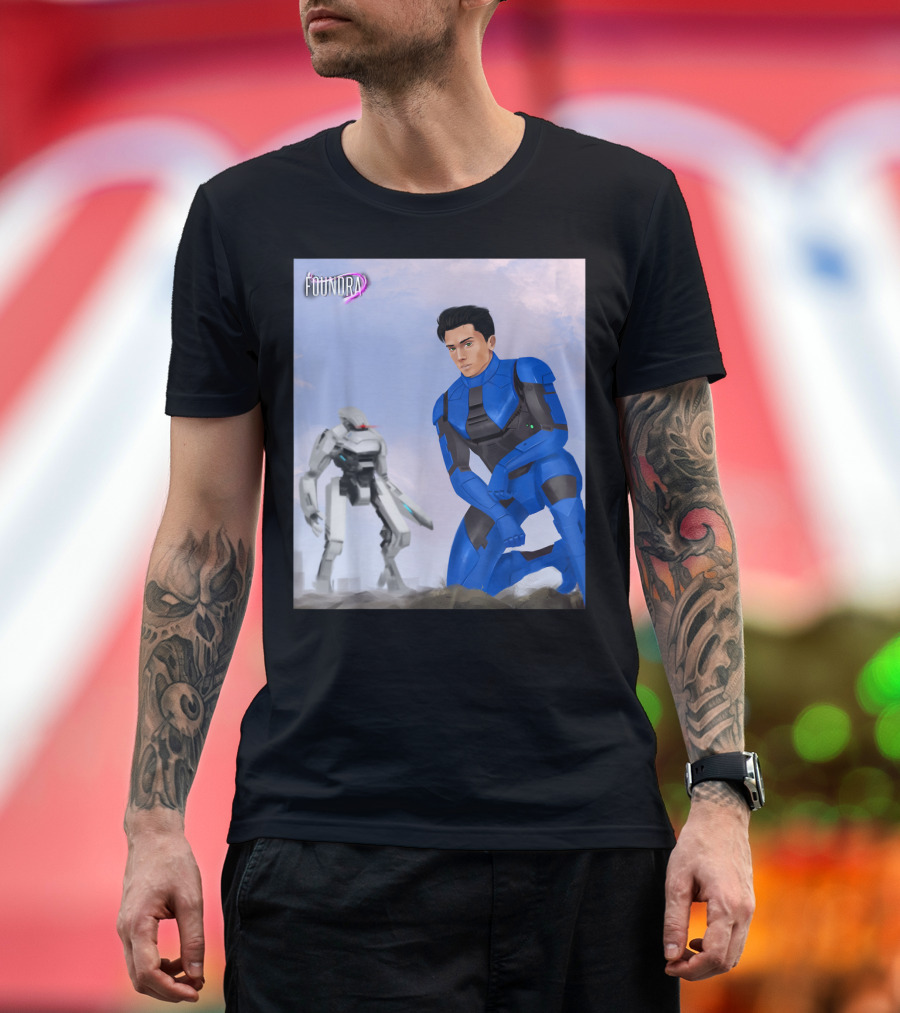 Foundra Neven in Blue Power Armor Kneeling with Mech in Background T-Shirt