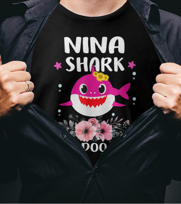 Nina Shark Doo Doo Doo Pink Shark With Flowers And Stars T-Shirt