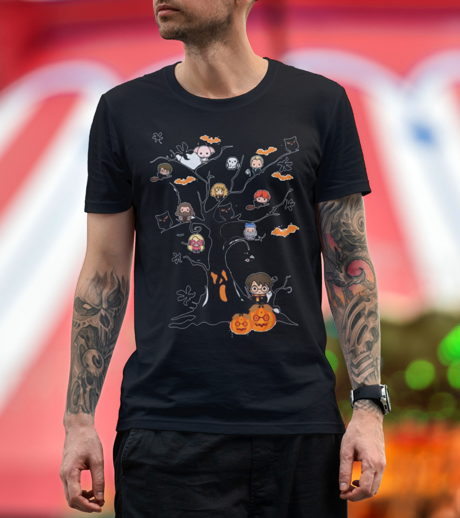 Potter Tree Cute Harry Pawter Halloween Characters Bats Pumpkins T-Shirt