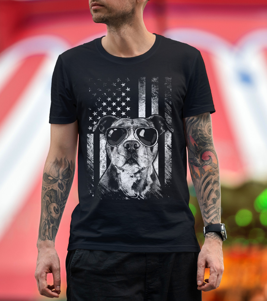 Patriotic American Pit Bull with Sunglasses USA Flag Funny Pitbull Dad T-Shirt
