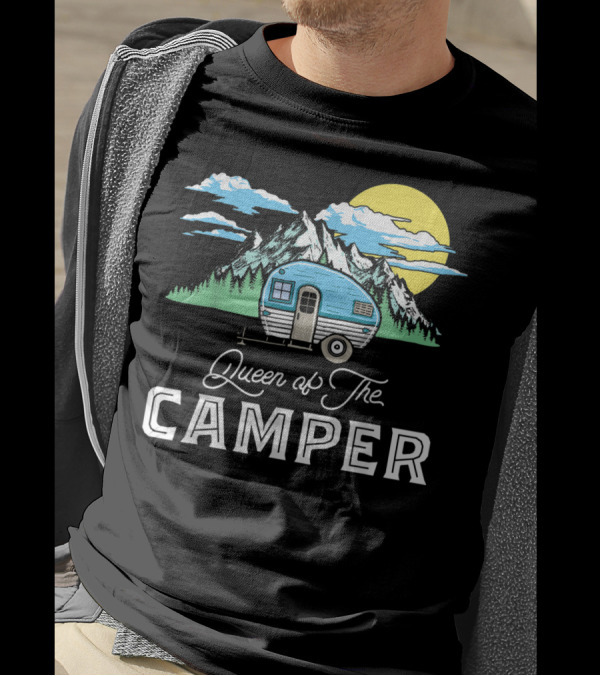 Queen Of The Camper RV With Mountain Sunset Background T-Shirt