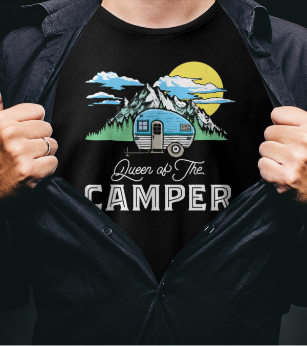 Queen Of The Camper RV With Mountain Sunset Background T-Shirt