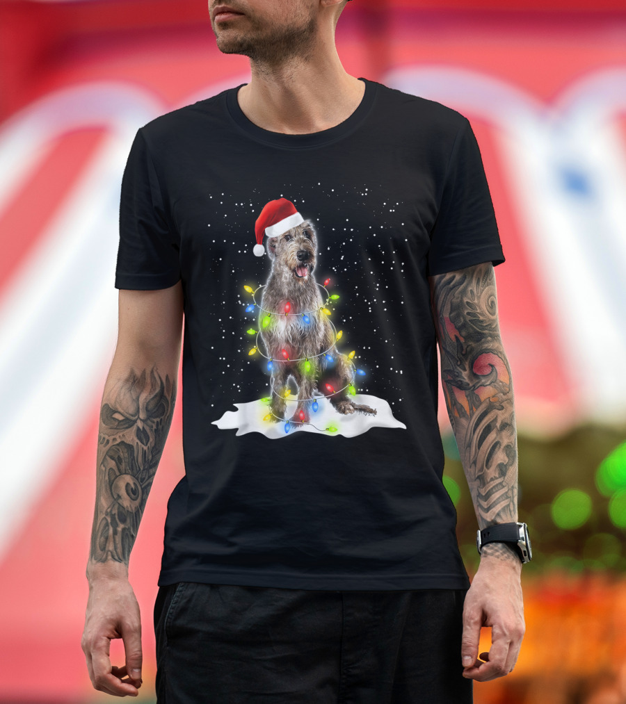 Scottish Deerhound Christmas Lights Santa Hat Snow Scene T-Shirt