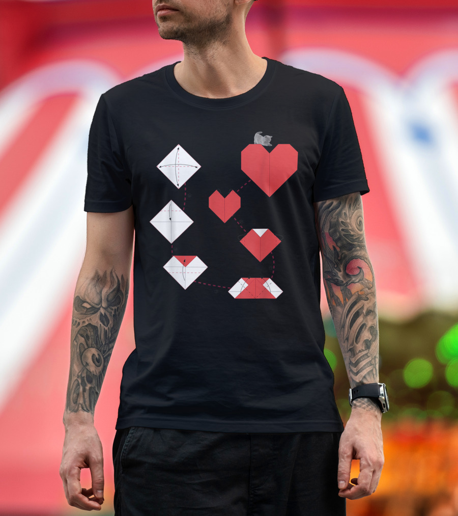 Sweet Red Heart Origami With Catkitten Transformation Steps T-Shirt