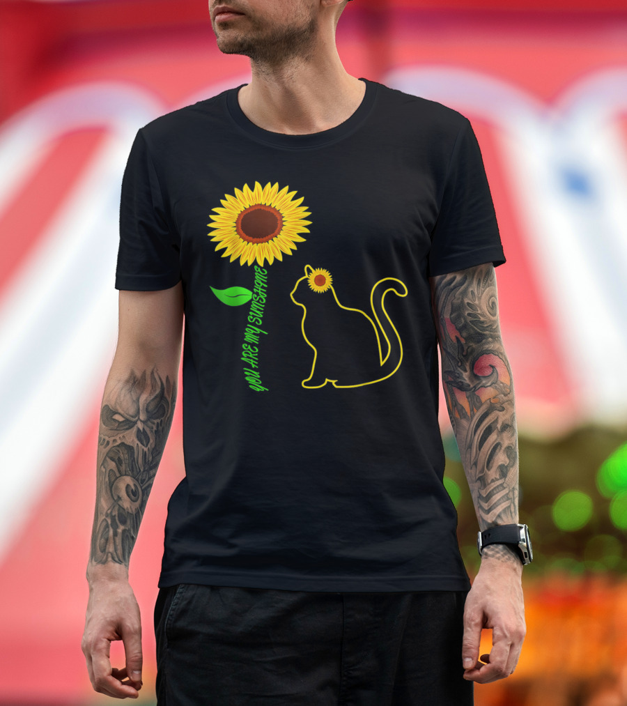 You Are My Sunshine Sunflower and Cat Silhouette with Papillon Accents T-Shirt