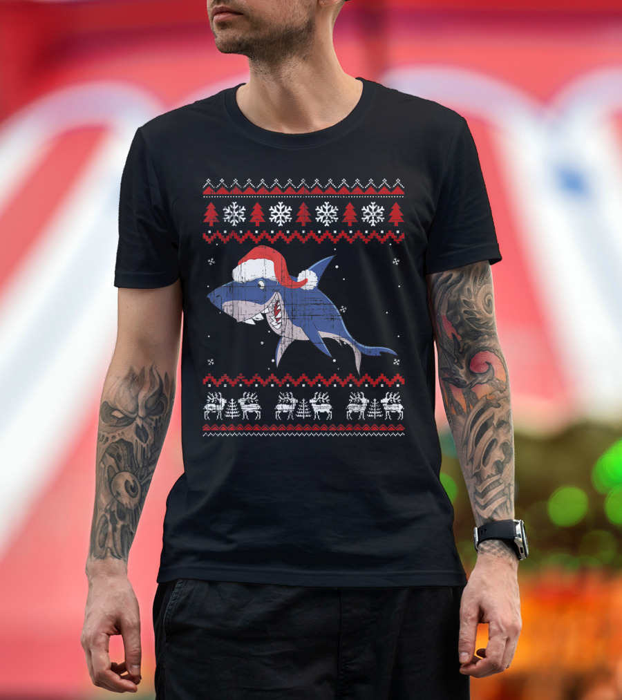 Christmas Shark in Santa Hat Ugly T-Shirt