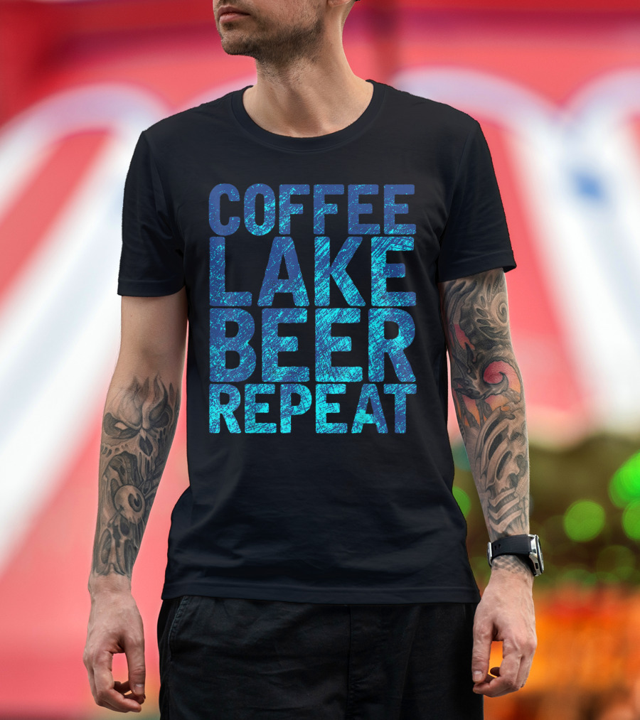 Coffee Lake Beer Repeat Distressed Blue Text T-Shirt