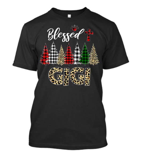 Blessed Gigi Leopard Print Christmas Trees Buffalo Plaid Cross T-Shirt