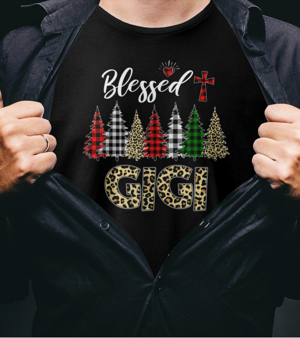 Blessed Gigi Leopard Print Christmas Trees Buffalo Plaid Cross T-Shirt