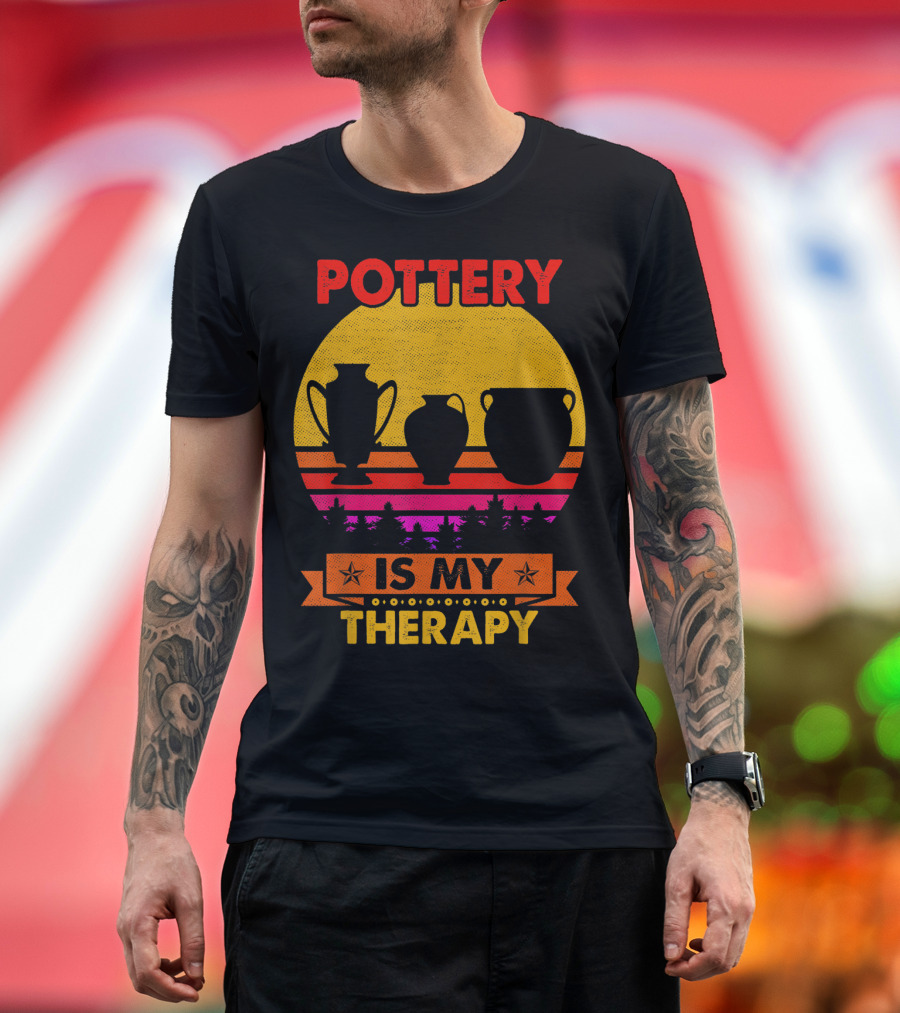 Pottery Is My Therapy Retro Sunset Pottering T-Shirt