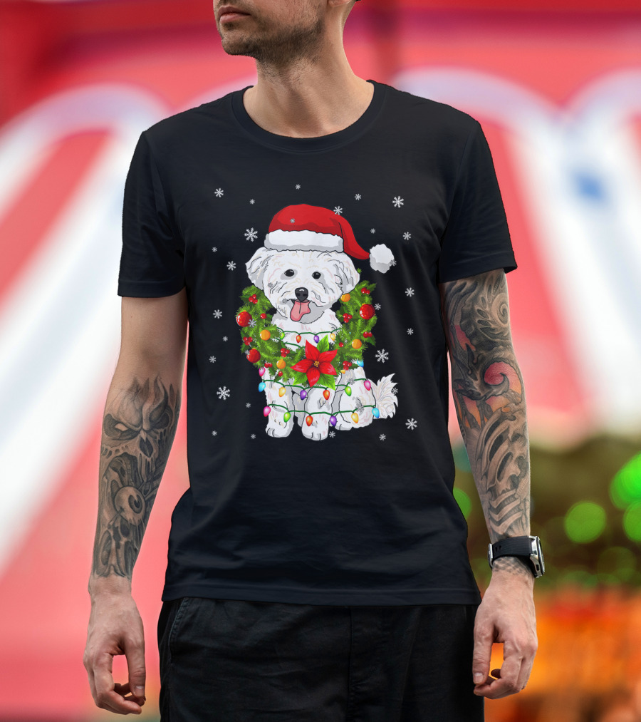 Santa Bichon Frise Dog Merry Christmas Lights Wreath Snowflakes T-Shirt