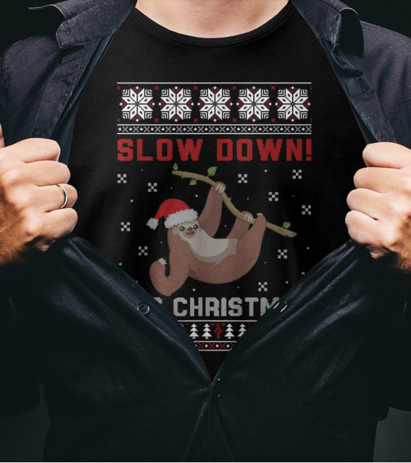 Slow Down It's Christmas Santa Hat Sloth With Snowflake T-Shirt