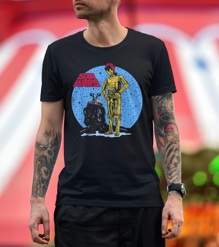Star Wars R2D2 C3PO Snowy Christmas Scene T-Shirt