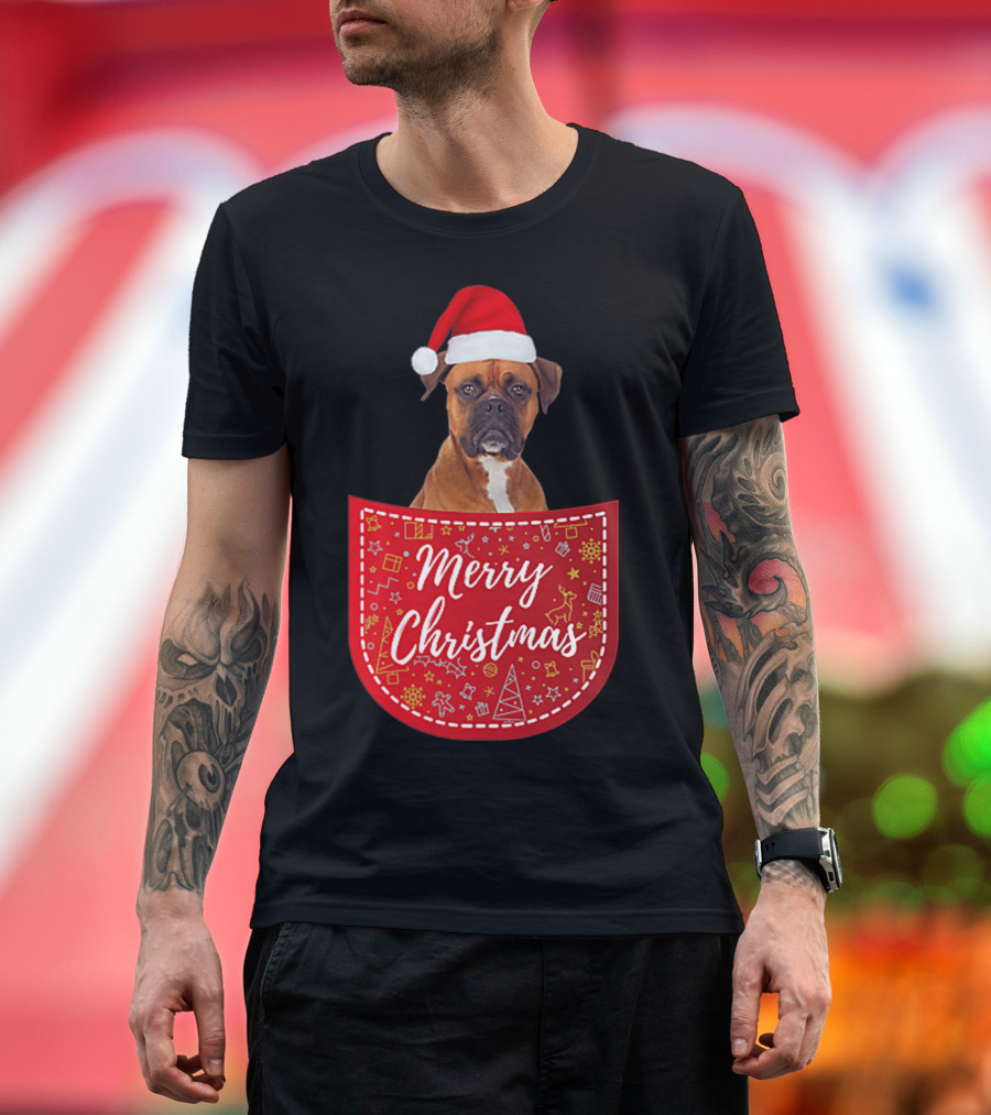 Merry Christmas Boxer Dog in Santa Hat in Pocket T-Shirt