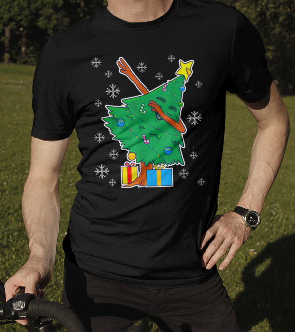 Dabbing Christmas Tree With Star And Presents Surrounded By Snowflakes T-Shirt