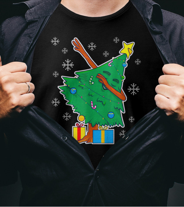 Dabbing Christmas Tree With Star And Presents Surrounded By Snowflakes T-Shirt
