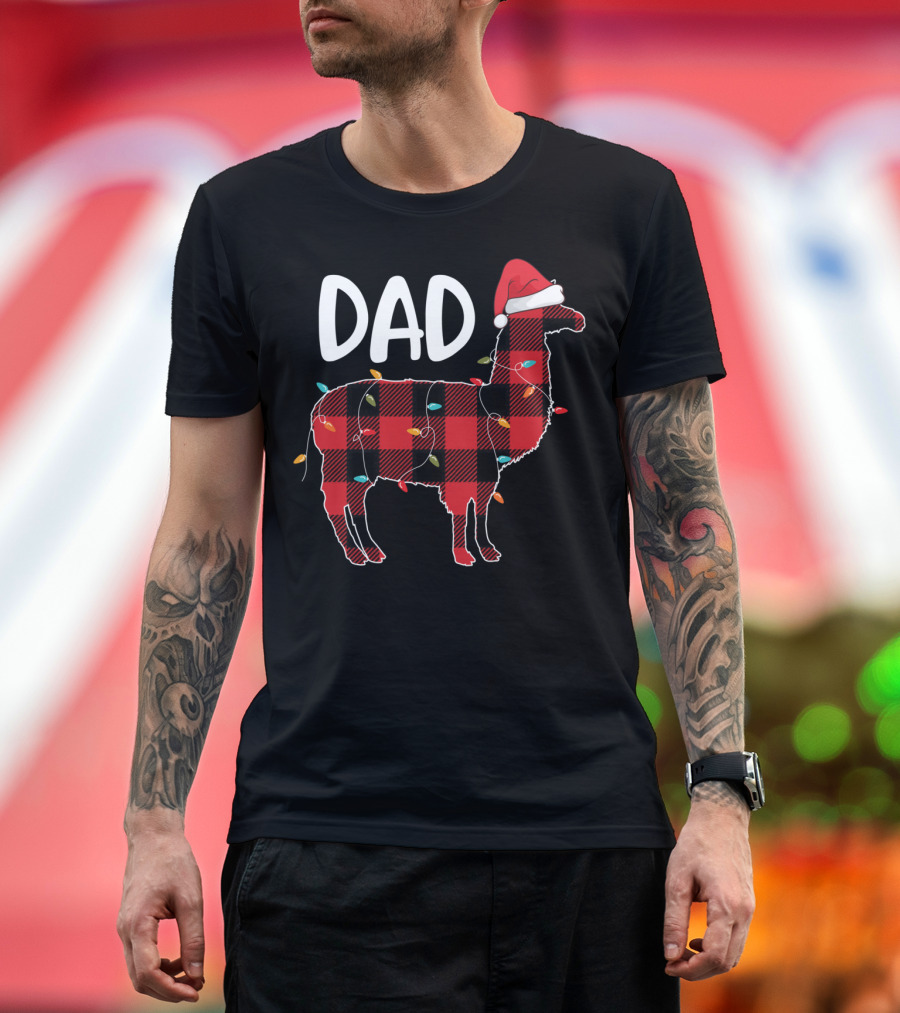 Dad Llama Christmas Red Plaid Santa Hat Lights T-Shirt