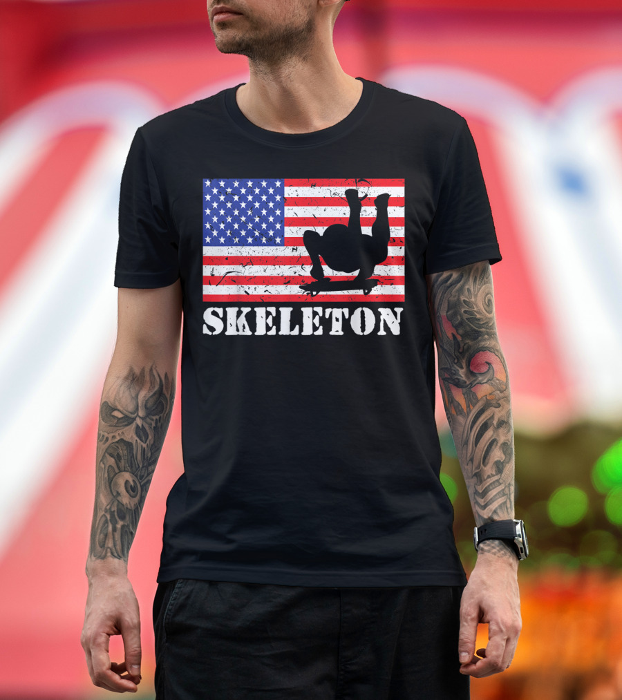 Distressed Skeleton Racing USA American Flag Skeleton T-Shirt