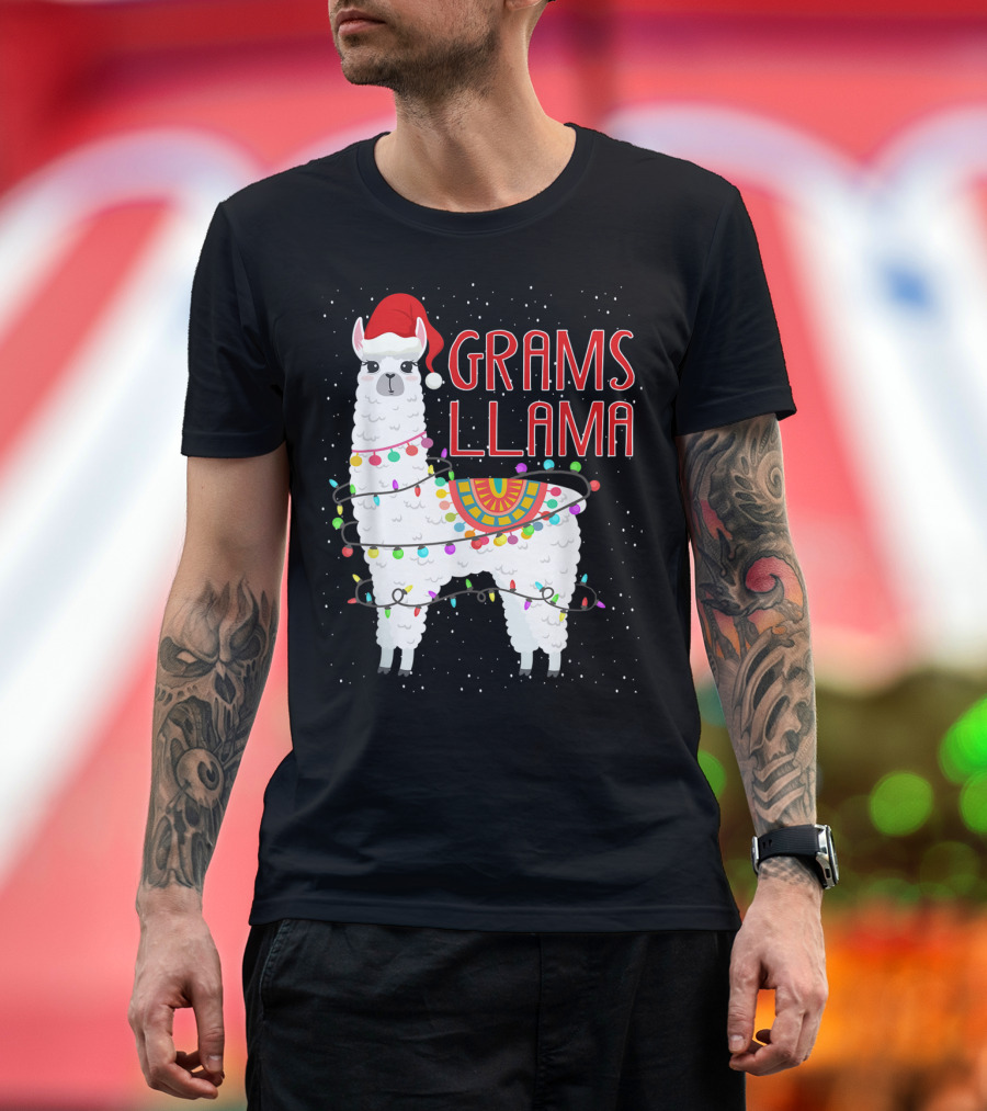 Grams Llama Christmas Santa Hat and Lights T-Shirt