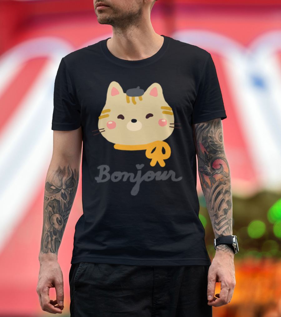 Bonjour Cute Kitty Cat With Beret Scarf and Whiskers T-Shirt