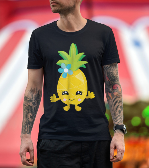 Premium T-Shirt: Cute Funny Adorable Pineapple Cartoon with Flower T-Shirt Cute Funny Adorable Pineapple Cartoon with Flower T-Shirt