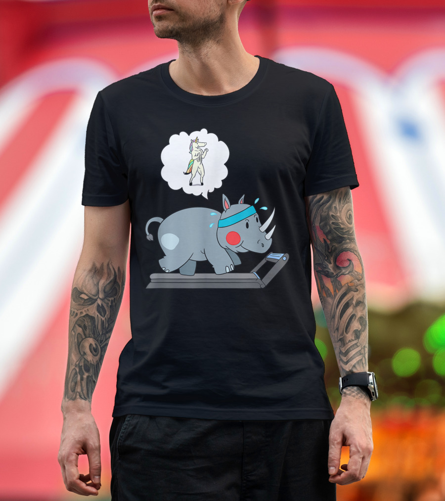 Rhino Cardio Dreaming of Unicorn Running Fitness Humor T-Shirt