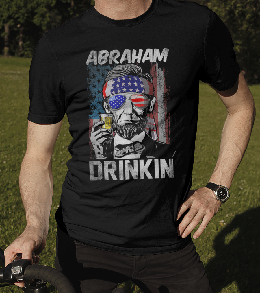 Abraham Drinkin Funny Abe Lincoln Merica USA Flag Bandana Sunglasses Beer T-Shirt