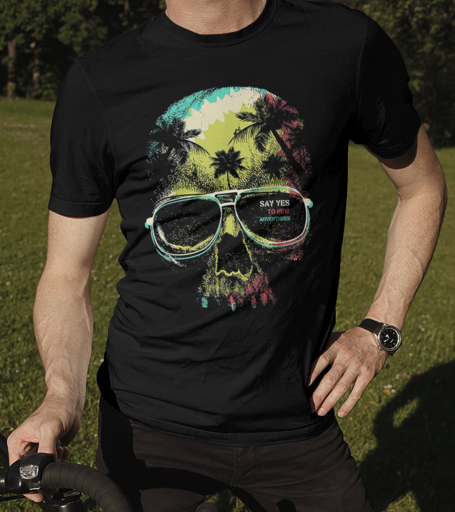 Say Yes To New Adventures Skull With Sunglasses And Palm Trees T-Shirt