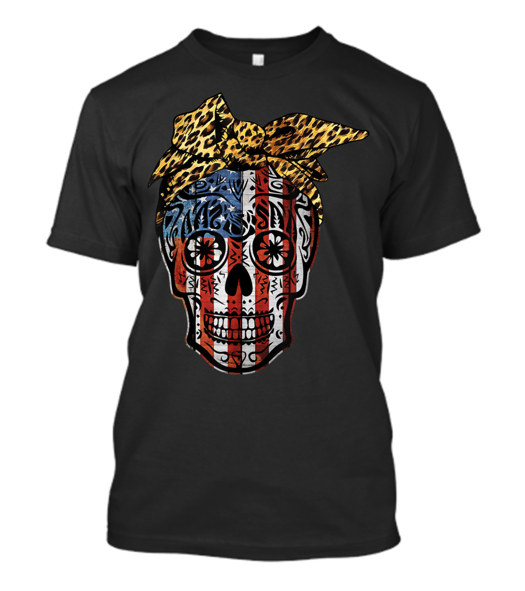 American Sugar Skull With Patriotic Stripes And Leopard Print Bow Fourth Of July T-Shirt