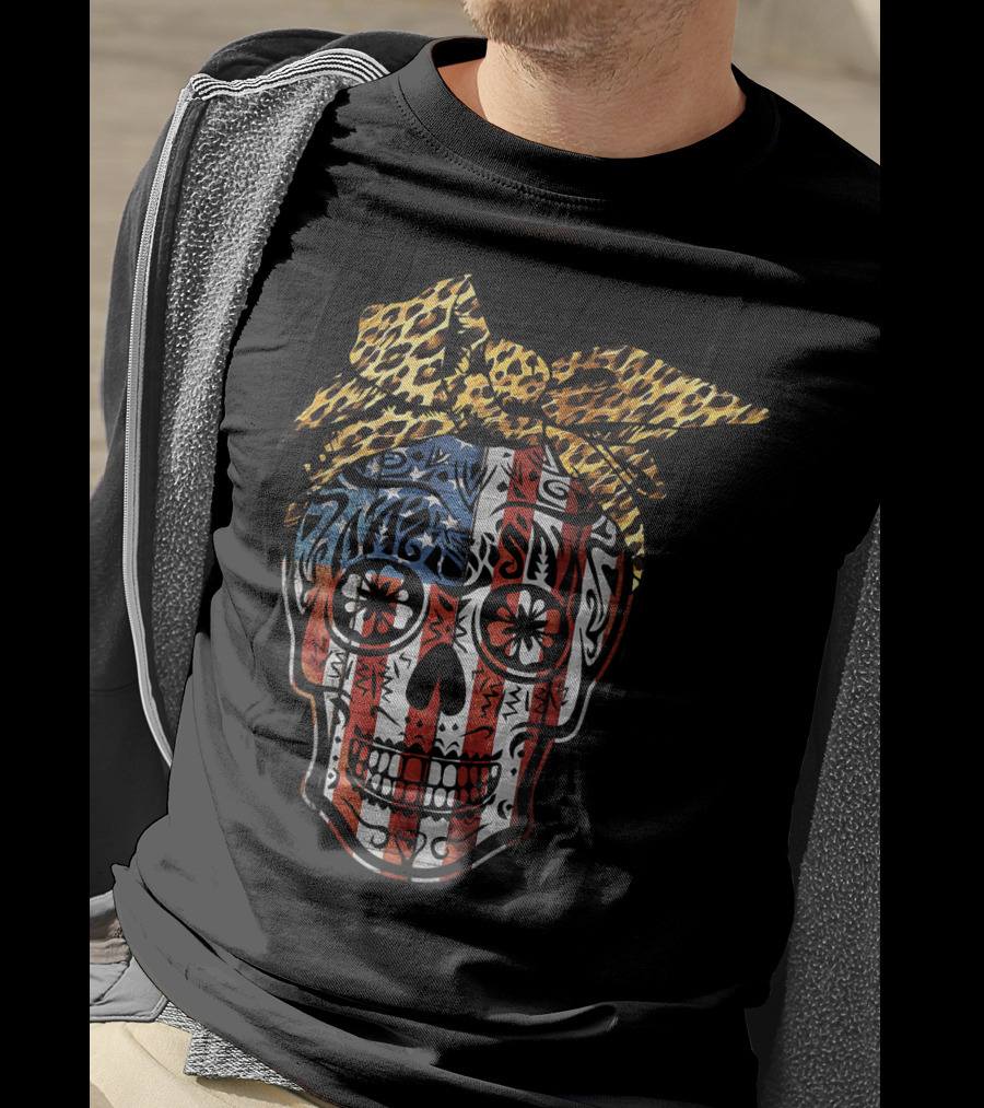 American Sugar Skull With Patriotic Stripes And Leopard Print Bow Fourth Of July T-Shirt