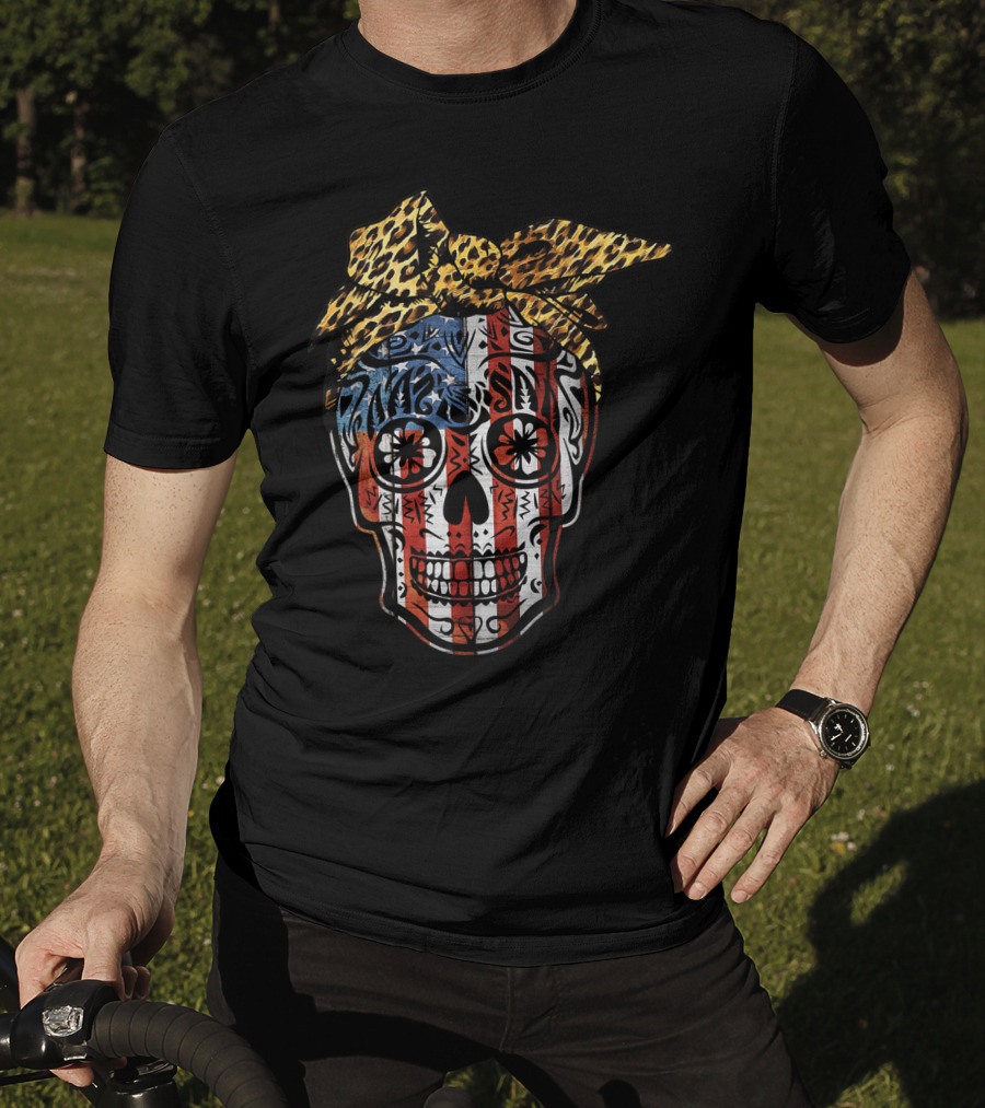 American Sugar Skull With Patriotic Stripes And Leopard Print Bow Fourth Of July T-Shirt