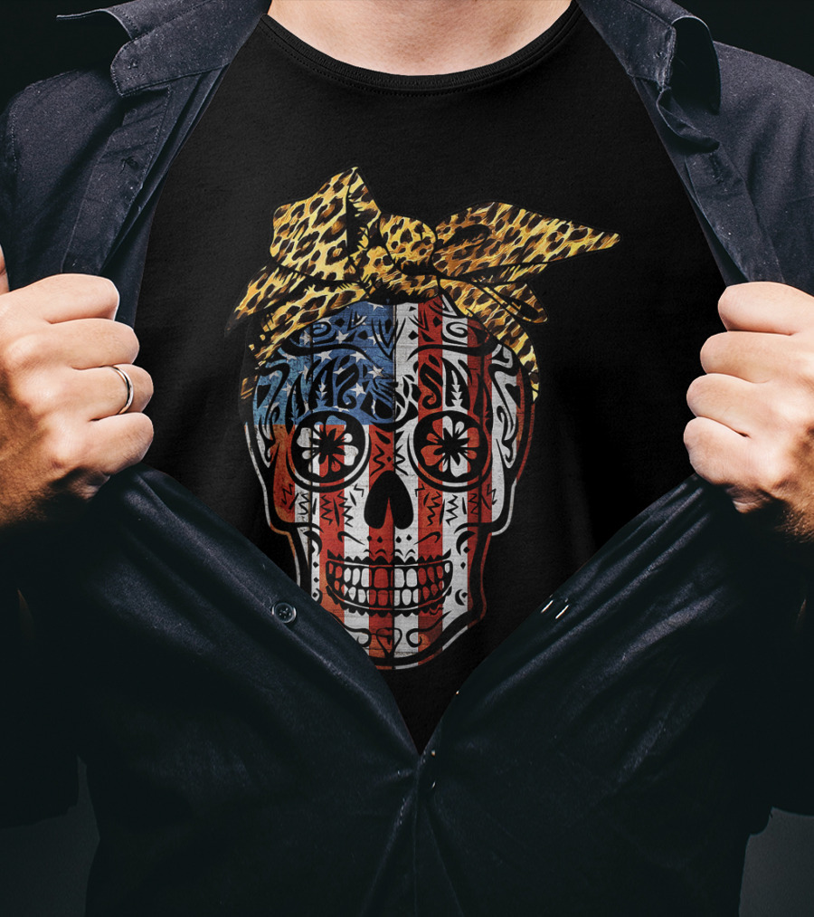 American Sugar Skull With Patriotic Stripes And Leopard Print Bow Fourth Of July T-Shirt