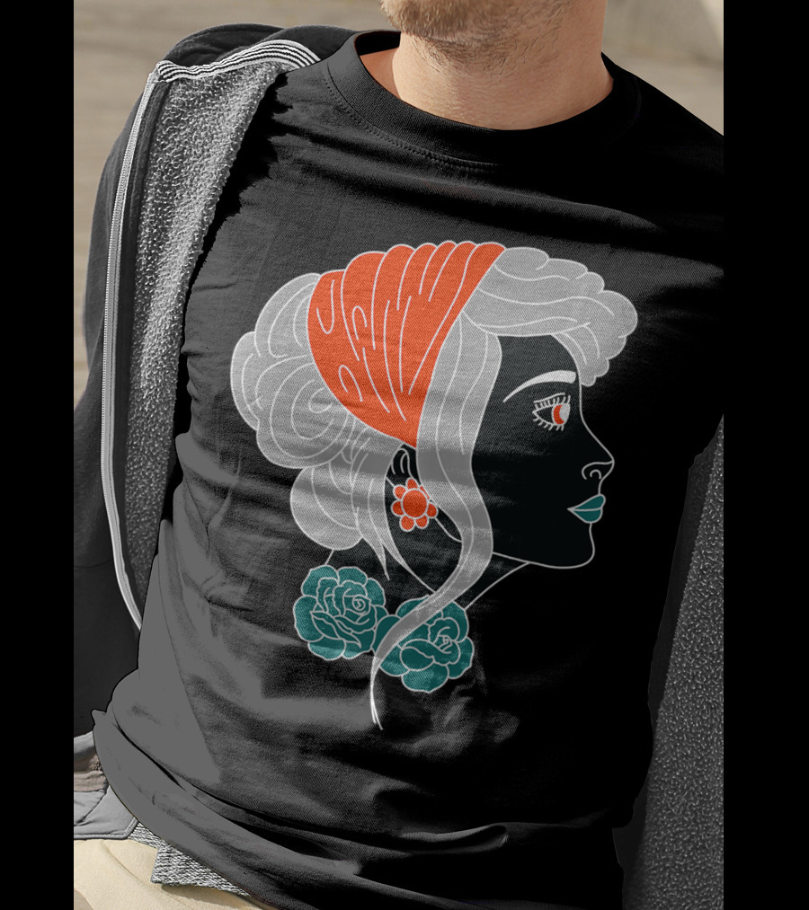 American Traditional Tattoo Gypsy Woman With Orange Headscarf And Roses T-Shirt