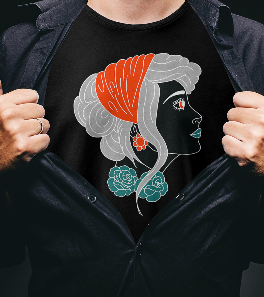 American Traditional Tattoo Gypsy Woman With Orange Headscarf And Roses T-Shirt