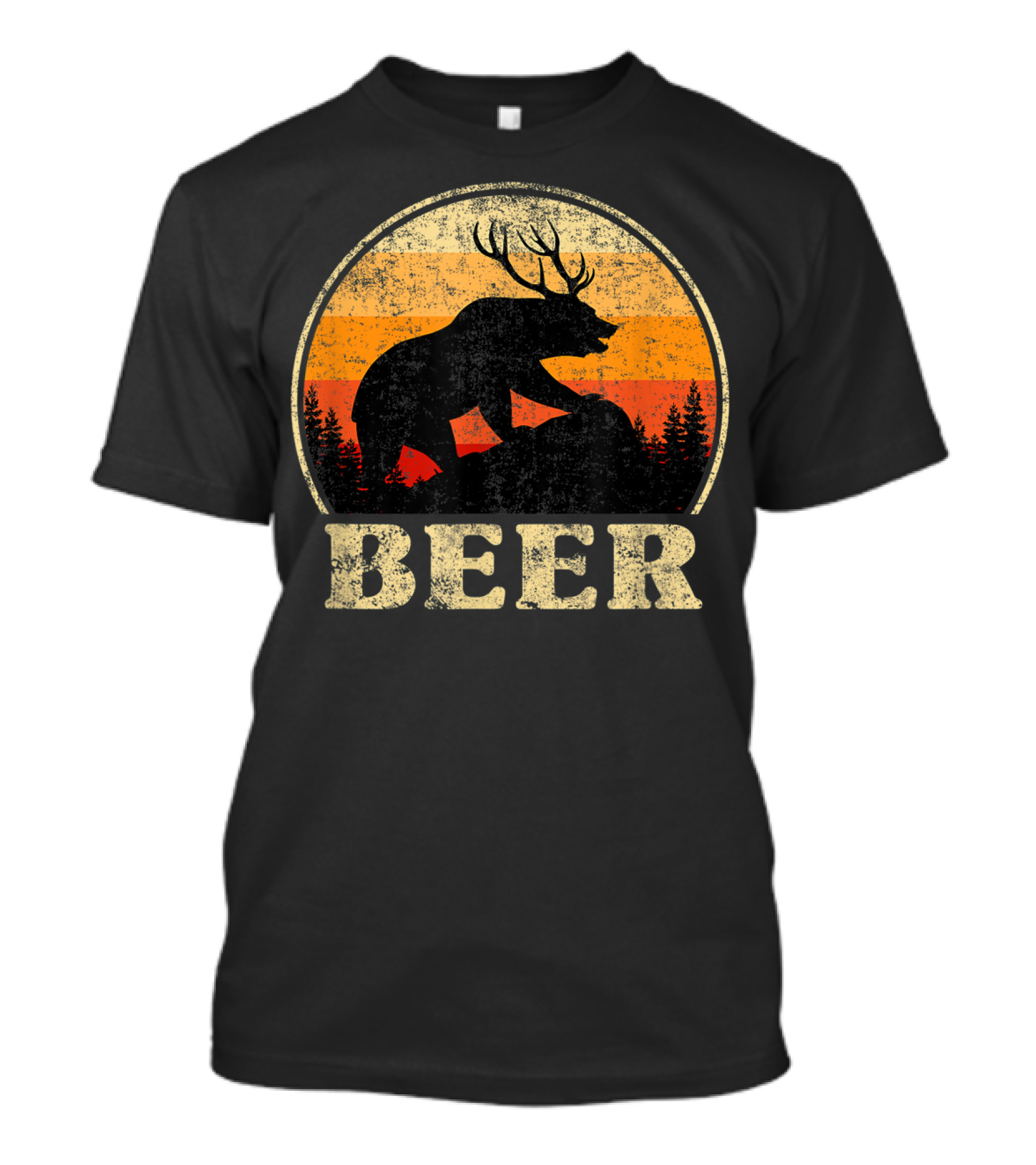 Bear Deer Beer Retro Vintage Silhouette Forest Sunset T-Shirt