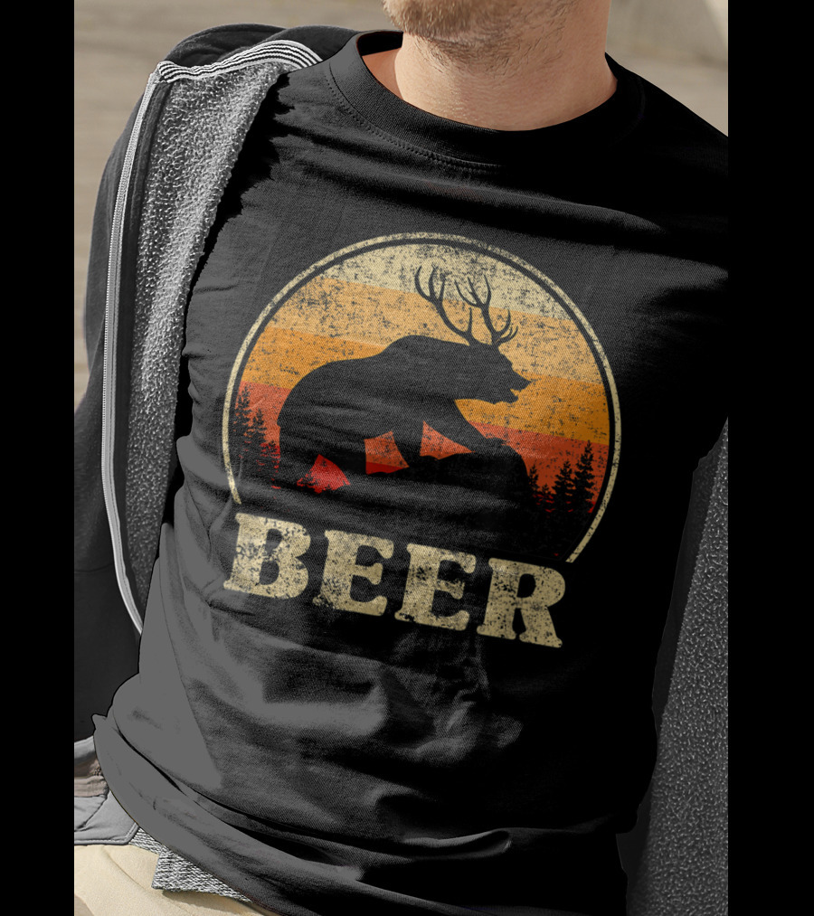 Bear Deer Beer Retro Vintage Silhouette Forest Sunset T-Shirt
