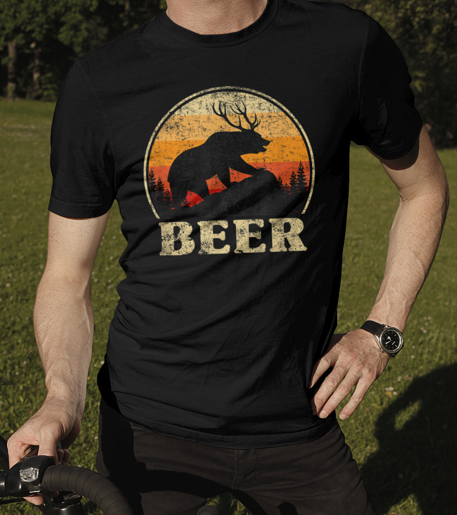 Bear Deer Beer Retro Vintage Silhouette Forest Sunset T-Shirt