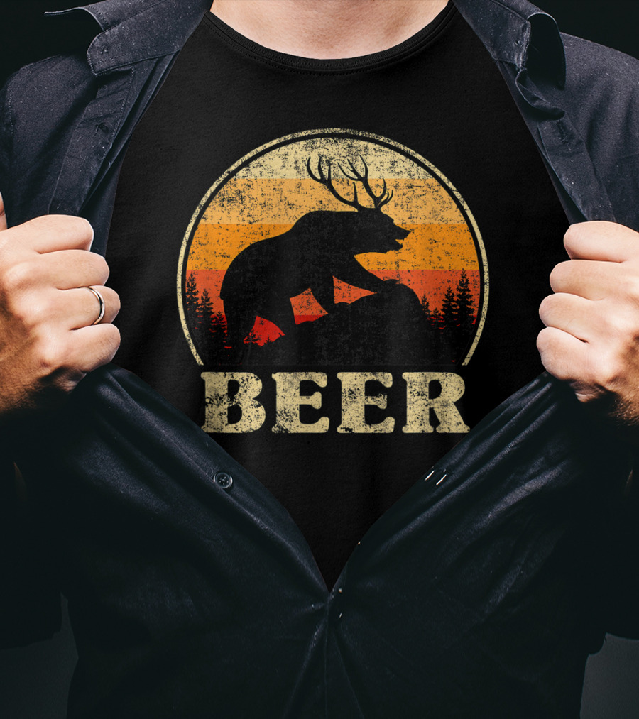 Bear Deer Beer Retro Vintage Silhouette Forest Sunset T-Shirt